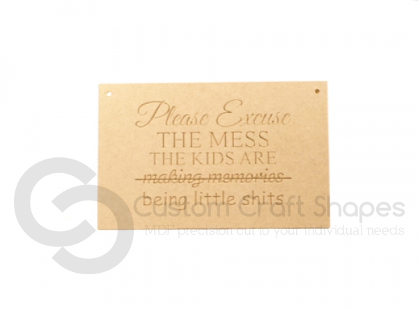 6mm Hanging Plaque, 'Please excuse the mess...'